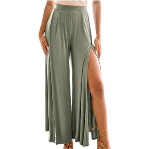 Lulus Split Wide Leg Pants Woman Large Knock Out Sage Green Flowly Resort Cruise